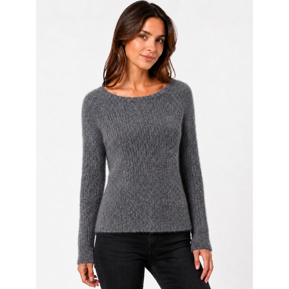 Milanta Fashion Gray Fuzzy Knit Mohair Wool Boat Neck Sweater Pullover Small S/M